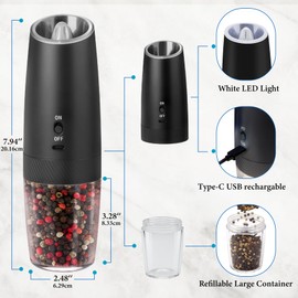 2Pcs Gravity Electric Salt and Pepper Grinder Set, USB-C rechargeable - LED Light One Hand Automatic Operation, Adjustable Coarseness Mill Grinders Shakers Black, Kitchen Gadgets Gift Ideas