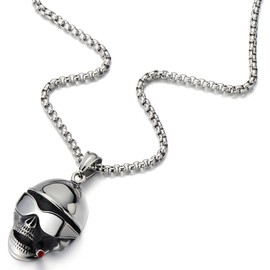 COOLSTEELANDBEYOND Steel Mens Biker Hip-Hop Smoking Skull Pendant Necklace with Red Cubic Zirconia and 30 inches Wheat Chain
