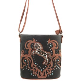 Justin West Horse Embroidery Studded Turquoise Stone Concealed Carry Handbag Purse Matching Wallet (Brown Messenger Only)