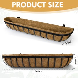 BeapTcely 36 x 7 x 8 inches Outdoor Black Metal Planter Box, 2 Pieces with Coconut Liner, Large Hanging Window Flower Boxes for Indoor Outdoor Deck Balcony Rail Fence Porch