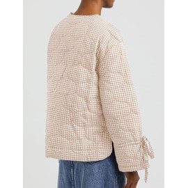 Tankaneo Womens Cropped Quilted Puffer Jackets Lightweight Plaid Button Down Bow Padded Down Coat