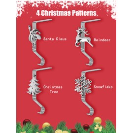 4PCS Christmas Stocking Hangers for Fireplace, Kalolary 4 Styles Christmas Stocking Holders for Mantle Non-Slip Sturdy Mantel Stocking Hooks for Christmas Holiday Home Decoration (Silver)