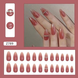 24Pcs Almond Press on Nails Red False Nails Medium Almond Shaped Full Cover Stick on Nail Artificial Glossy Acrylic Fake Nails DIY Manicure Decoration for Women