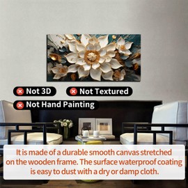 White Floral Canvas Wall Art with Gold Accents - Abstract Flower Decorative-Pictures with Teal Background Printed Painting Artwork Wall-Decor for Living Room Bedroom Office, Large Size 40x20 Inches