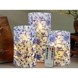 Printed Flameless Candles Sets of 3 , LED Pillar Candles with Remote and Embedded Star String Lights for Home Decorationcolor: Blue, size: 4"5"6"