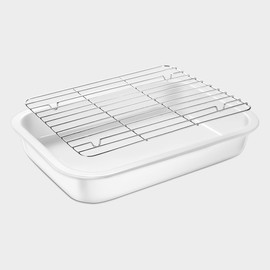 Wagensteiger Ceramic Roasting Pan, Baking Dish with Stainless Steel Rack, Non Stick Chicken Roaster Pan, Microwave or Conventional Oven Cooking, Food Prep Tools, White Color (2.94 Quarts)