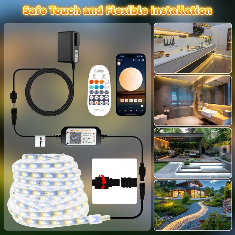 Outdoor LED Strip Lights Waterproof IP67, Dimmable 3000K-6500K Warm White