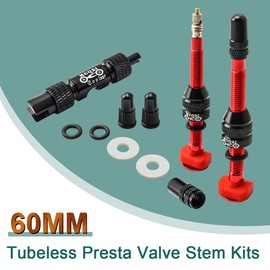 MUQZI Tubeless Presta Valve Stem Kits - No Leak Bike Tubeless Valve Stems with Integrated Valve Core Remover Tool and Alloy Presta Valve Stem Caps for Bicycle, Red (60 mm)