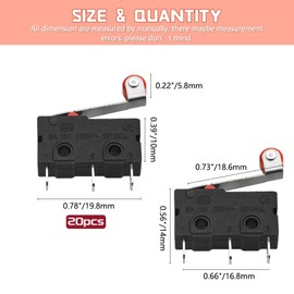 WMYCONGCONG 20 PCS Miniature Limit Switch Momentary Roller Lever Arm 3 Pin AC 125V 250V 5A SPDT 1NO 1NC Snap Action Miniature Switches