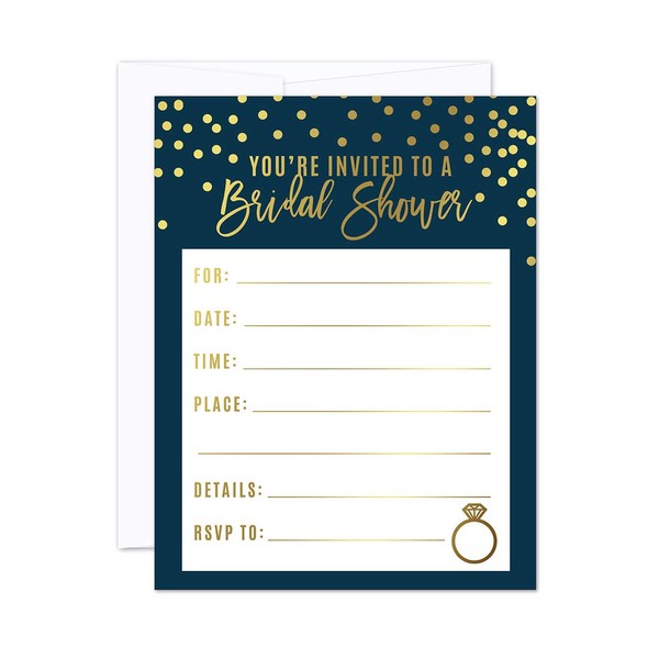 Andaz Press Navy Blue with Gold Metallic Ink Wedding Party Collection, Blank Bridal Shower Invitations with Envelopes, 20-Pack