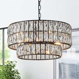 CATINER Black Crystal Chandelier 6-Lights Luxury Crystal Pendant Chandelier 20'' Drum Semi Flush Mount Ceiling Lights for Dining Room Foyer Living Room Bedroom Kitchen