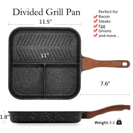ESLITE LIFE 11 Inch Nonstick Divided Grill Pan for Indoor Cooking, Versatile 3-In-1 Induction Large Breakfast Pan for Stove Tops, PTFE & PFOA Free, Black