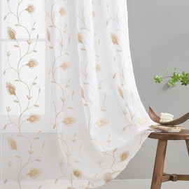 Floral Embroidery Beige Sheer Curtains 84 Inches Long, Rod Pocket Sheer Drapes for Living room, Bedroom, 2 Panels, 52"x 84", Semi Crinkle Voile Window Treatments for Yard, Patio, Villa, Parlor.