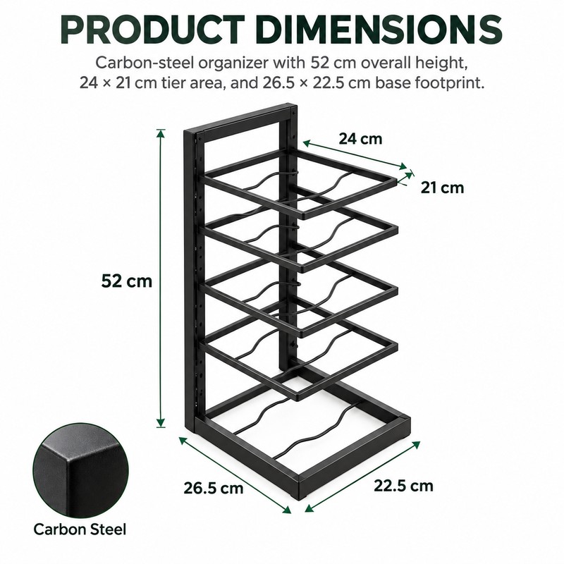 5-Tier Adjustable Pot & Pan Organizer for Cabinets – Black