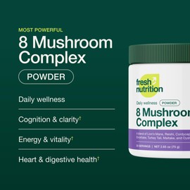 Fresh Nutrition Organic 8 Mushroom Complex Powder - Lion's Mane, Reishi, Cordyceps, Chaga, Enokitake, Turkey Tail, Maitake, and Oyster Mushrooms