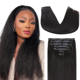 Lashey Hair Extensions Seamless Clip in Hair Extensions Human Hair Yaki Straight 110g 7pcs Natural Black Clip in Hair Extensions 18 Inch Human Hair PU Clip in Hair Soft and Invisi Edge Hair