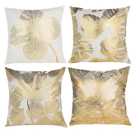 HOSTECCO Gold Cushion Covers Pack of 4 Golden Leaves Pillow Cases Square Decorative Throw Pillow Covers for Sofa Couch 45x45 cm