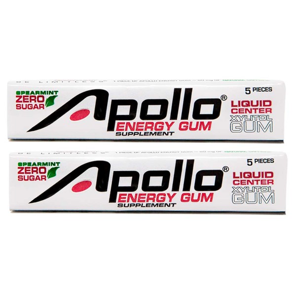 Apollo Energy Gum – Liquid Core Xylitol Gum – Sugar-Free, Aspartame-Free, Caffeinated Gum – Spearmint – 5 Pieces of Gum Per Pack (2 Pack)