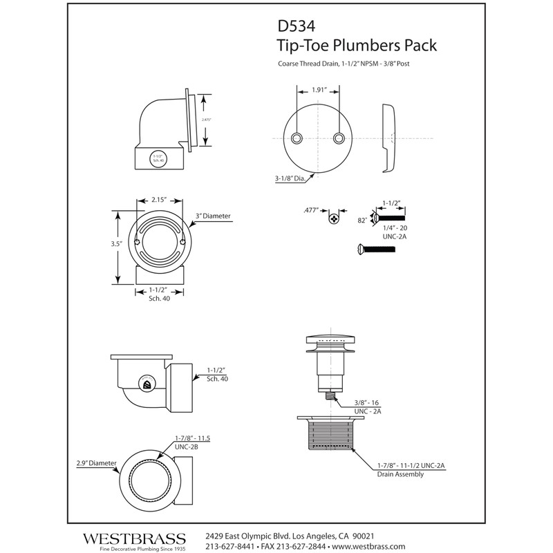 Westbrass Tip Toe Sch. 40 ABS Plumber's Pack with Two-Hole