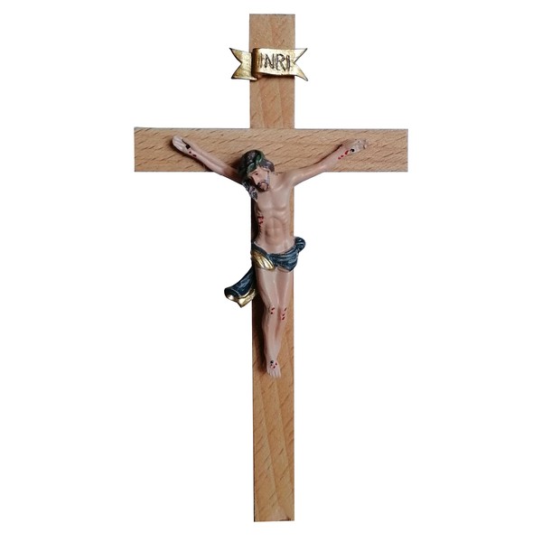 Kaltner Präsente Gift Idea - Wooden Cross Wall Cross Crucifix Made of Real Wood with Jesus Christ Figure Made of Artificial Stone Hand-Painted / Cross Beech Real Wood (Height 15 cm)
