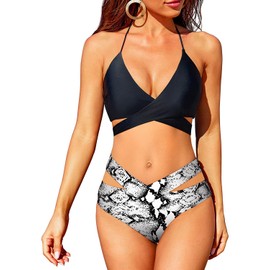 Holipick - Conjunto de bikini de dos piezas para mujer, bikini de cintura alta, traje de baño push up, traje de baño cruzado, Negro-blanco, Large