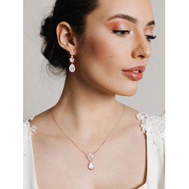 SWEETV Teardrop Wedding Jewelry Set for Bride Bridesmaid Women, Silver Cubic Zirconia Necklace Earrings Set, Bridal Jewelry Set for Wedding Prom