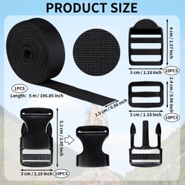 Nylon Heavy Webbing 5M, Wide Black Nylon Webbing, Polypropylene Heavy Bags Straps, Nylon Strap with Adjustable Buckles and Retaining Ring, Cuttable Black Webbing for Backpack Dog Collar DIY Craft