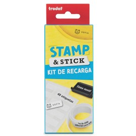 Kit de recarga para Sello Trodat Stamp and Stick, kit con 40 etiquetas resistentes al agua, 1 m cinta adherible para ropa y 1 cartucho tinta textil negra