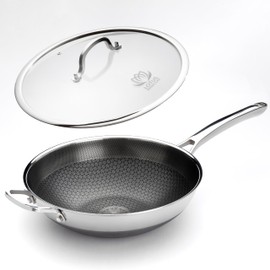 Lotus Homeclad Hybrid Wok Pan, 12-Inch Woks & Stir-Fry Pans Nonstick, Stainless Steel Cookware, Induction Wok With Lid, PFOA Free, Dishwasher Safe Cooking Pan For All Cooktops, Bonus Bamboo Dish Brush