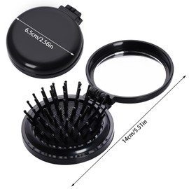 Mini Folding Hair Brush with Mirror Round Small Pocket Hair Brush Portable Travel Size Mini Pop Up Hairbrush for Women Girls (Black)