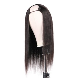 Huarisi U Part Wig Human Hair for Women, 100% 10A 1b Brazilian Hair Straight, Glueless Full Head Clip in Half Wigs U Shape Wigs, 150% Density Natural Color (10 Inch)