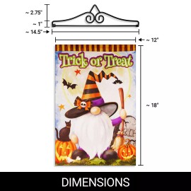 G128 Hanger 14IN & Garden Flag Trick or Treat Witch Hat Gnome with Broom DS Blockout