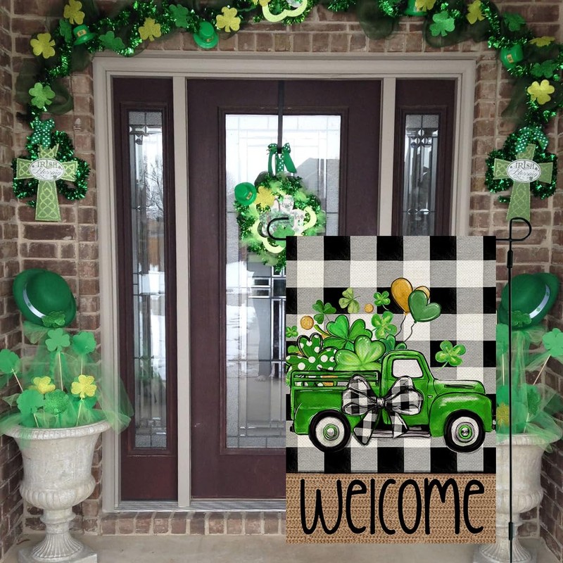 CROWNED BEAUTY St Patricks Day Shamrocks Truck Garden Flag 12x18