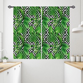 ANHOPE Tropical Curtains Rod Pocket Blackout Room Darkening Curtains with White Black Plaid Palm Leaf Banana Leaf Print Pattern Light Blocking Window Drapes for Kitchen Bedroom 2 Panels 26 x 36 Inch