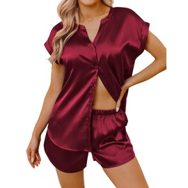 Ekouaer Silk Satin Pajamas for Women Button Up Pjs 2 Piece Summer Short Sleeve Lounge Sets V Neck Sleepwear Wine Red L