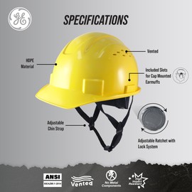 GE eral Electric Safety Helmet Vented, Hard Hat Style, One Size with Earmuff Slots, Includes 4-Point Ratchet System, Meets ANSI ISEAZ89.1-2014 and CSA Z94.1 Standards, Yellow, Model # GH326Y
