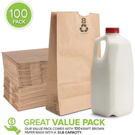 8 Lb Kraft Brown Paper Lunch Bags (100 Count) - Bulk Disposable Lunch sacks, Small Size Blank Bag, Good for a Snack, Sandwich, Grocery Food, and Arts & Crafts Projects, Stock Your Home