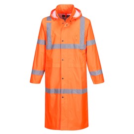 Portwest UH445 Men's Waterproof Hi Vis Raincoat - Reflective Lightweight Long Rain Jacket with Hood Safety Workwear ANSI Class 3 Orange, X-Large
