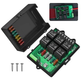 12V 6 Way Fuse and Relay Box PCB Module with 40A Relays and Blade Fuses Waterproof Power Distribution Block for Car RVSpecification: 12V 40A