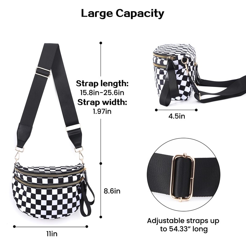 kuifang Checkered Bum Bag Crossbody Bag for Women, Spacious Purse