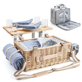 Wicker Picnic Basket Set for 4 with Detachable Table, Portable Utensil Bag