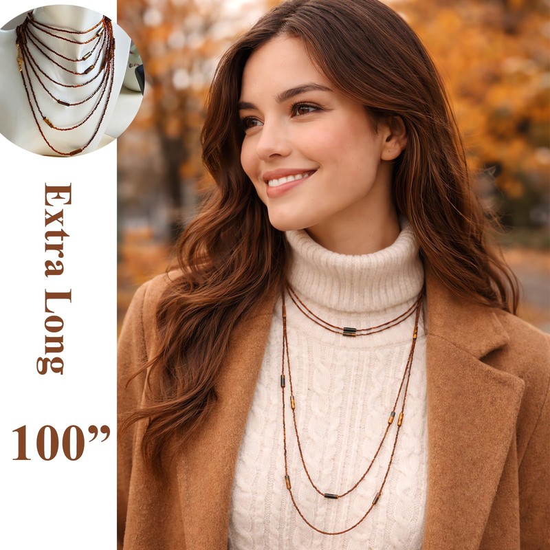 Monsefi Tiger Eye Long Beaded Necklace, 100" Multi Layered for