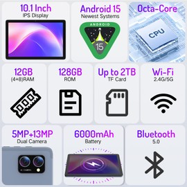 LECTRUS Android 15 Tablet 10.1 Inch - 12GB+128GB Large Screen WiFi Tablets with Octa-Core, HD Touch Screen Tablets with Camera, Long Battery Life, 2025 Tablet PC for Reading, Streaming, Split Screen