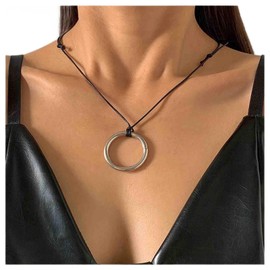Cimenexe Bohemian Large Circle Pendant Necklace Black Leather Choker Necklace Silver Karma Circle Necklace Hollow Circle Choker Necklace Vintage Circle Ring Necklace Jewelry for Women and Girls Gifts
