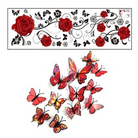 1 Piece of Rose Wall Sticker and 12 Pieces of Decorative Butterfly, Home Decoration, Ele Wall Sticker, Suitable for Living Room, Bedroom, Corridor, Etc.