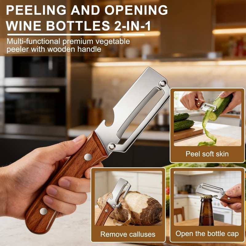 2 Pack Vegetable Peeler With Wooden Handle,Multi Functional Vegetable Peeler