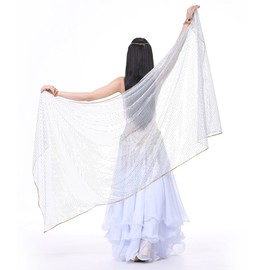 SHOWYOU 210x95cm 12 Color Highlights Shinning Spot Hand Scarf Belly Dance Sequined Scarf Belly Dance Yarn (White)
