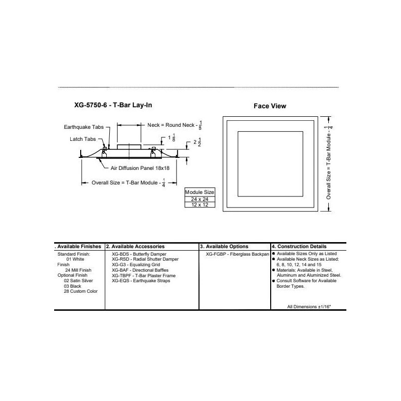 Greenheck Ceiling Diffuser, 6" Duct XG-5750-6 w/ T-bar Lay-in