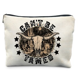 Likjad Boho Western Cow Skull Makeup Bag, Cowgirl Gifts Cosmetic Bags for Women, Wild West Bull Skull Cactus Makeup Pouch, Vintage Western Zipper Pouch