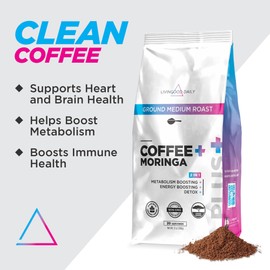 Livingood Daily Coffee with Moringa, Ground Medium Roast Coffee with Plant Based Ingredients for Morning Energy, Made with Moringa Powder, Organic, Non GMO, Vegan, Gluten Free, 20 Servings, 12 oz Bag